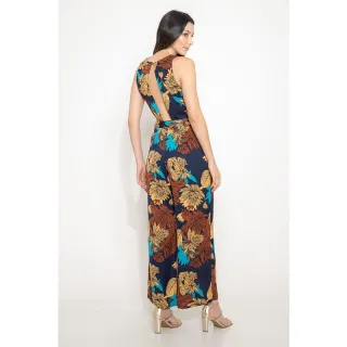 Macacão Estampado Pantalona Gola V Feminino Froral - Vermelho