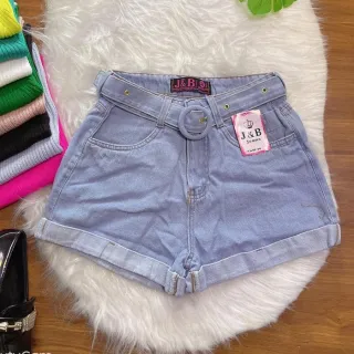 Shorts Jeans Mom Redonda Fivela Acompanha Cinto - Lançamento 2022 - Jeans marmorizado