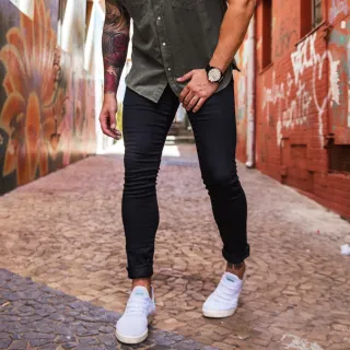 Ótimo Caimento Calças Masculinas Skinny Lycra Cor CREME - Creme