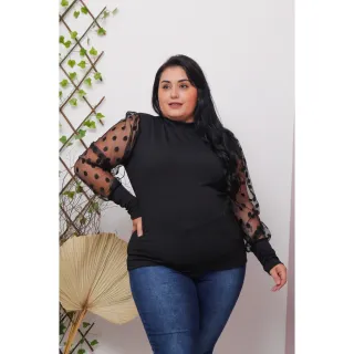 Manga Longa Plus Size Blusa Canelada Gola Alta Tule - Branco