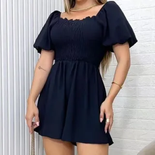 Moda Feminina Verão: Macaquinho Liso Manga Bufante Lastex - 3RD SD023 - Azul