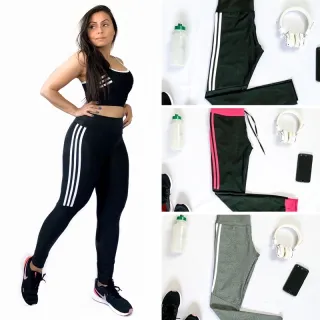 Legging Feminina Fitness Vivi Listras - Academia e Ginástica - Cinza C/ Listra Rosa M