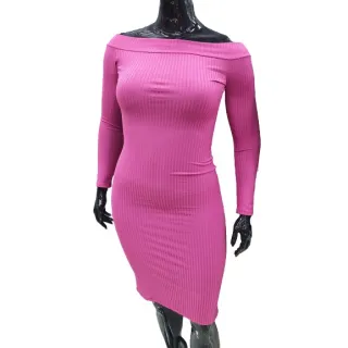 Vestido Canelado Manga Longa Ombro a Ombro - Feminino Midi - Pink