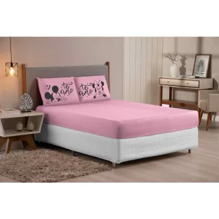 Mickey Minnie Eu te amo - Jogo de lençol King/Queen 3 peças estampado com elástico - Salmão preto