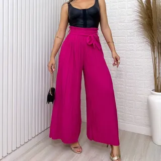 Moda Feminina: Calça Pantalona Lisa Plissada com Cinto Amarrada - Verde