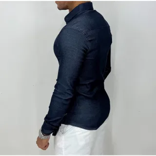 Camisa lisa social masculina manga longa slim em jeans elastano - Escuro