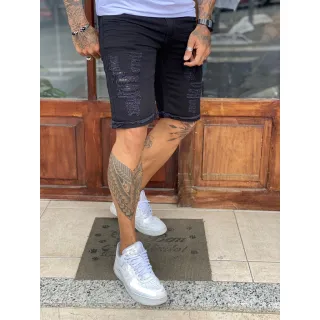 Rasgada Masculina Preta Bermuda Jeans - 38