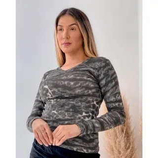 Animal print blusa feminina longa gola v - Cor 1