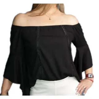 Manga Flare Blusa Ciganinha Feminina - Preto flor amarela
