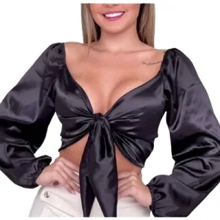 Blusa Feminina Top Cropped Cetim Bufante Amarrar Nó Frontal - Rosa Pink