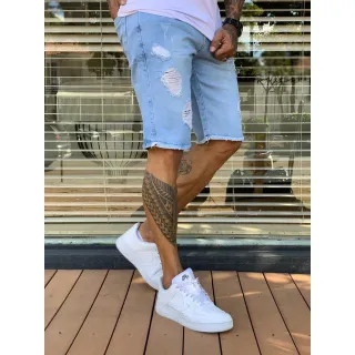 Moda Verão Tendência Premium: Bermuda Jeans Masculina Rasgada Original - Azul Claro
