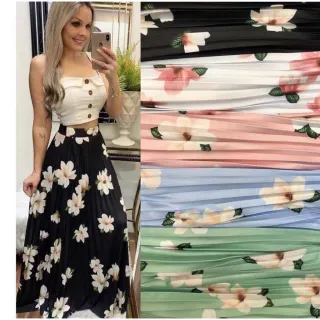 Saia Evangélica Longa Plissada Alta Cintura Flor-023