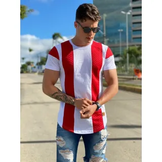 Camiseta Longline masculina em algodão fio 30.1 Penteado - Listrada Oversized - Branco com preto