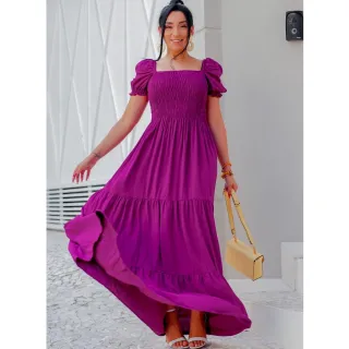 Vestido feminino longo manga curta com elástico - Azul Royal