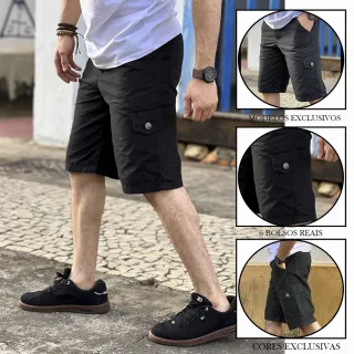 Short Militar Masculino Bermuda Cargo 6 Bolsos - Preto