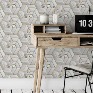 Papel de Parede Vinílico Branco Fosco com Detalhe Dourado - Efeito 3D - Por Metro - Único