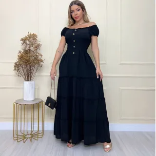 Vestido Longo Feminino com Estilo Ciganinha, Botões e Lastex na Cintura - Moda Verão - Azul Bebê