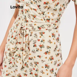 Vestido Vintage Estampa Floral Amarração Manga Bufante Lovito L16D045 (Bege) - Série Bege (Básico Cor)
