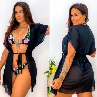Kimono Levinho Saída de Praia Cover Up - Laranja neon