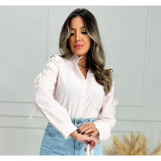 Camisa Feminina Social Listrada Manga Longa com Botão - Azul