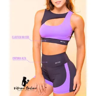 Moda Fitness Feminina Conjunto Top Cropped + Short Bojo Poliamida Nk Wod - VERDE JADE COM ROXO