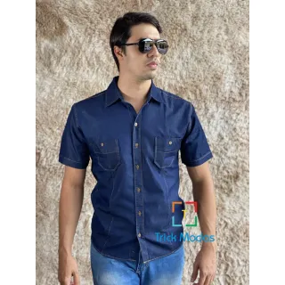 Manga Longa e Curta Slim Masculina Camisa Jeans Premium - MANGA LONGA