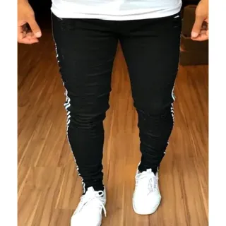 Pronta Entrega Calça Jeans Masculina Skinny Preta Faixa Listra Lateral - Preta