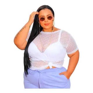 Plus Size Blusa Bolinha Transparente Poá Tule Grande 46 A 52 - preto poa