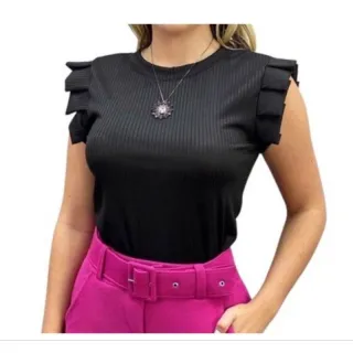 Blusa Feminino Babado Girassol Regata Canelada - Azul Petroleo