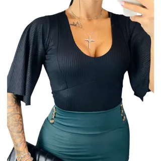 Moda Evangelica Blusa Feminina Premium Canelado Manga Flare - Listrado