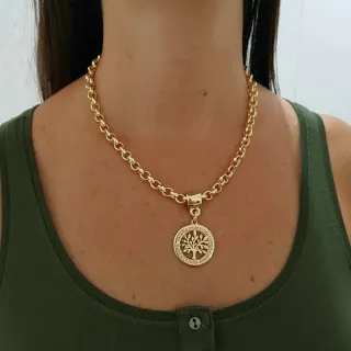Folheados Banhado Colar Elo Português Feminino - Pingente Árvore da Vida Moedas Antigas - 50cm