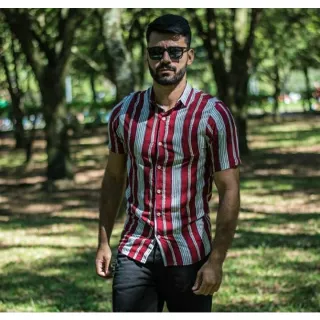 Verão Masculina Social Estampada Camisa - Listrada Vermelha