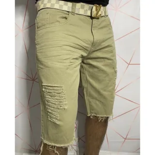 Shorts Masculino Rasgado Branco Sarja Jeans - Branco