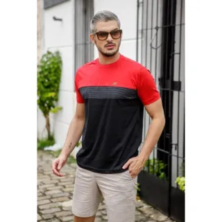 Camiseta Luxo Colorida Masculina Fio 30.1 Elastano - Azul Marinho e Vermelho