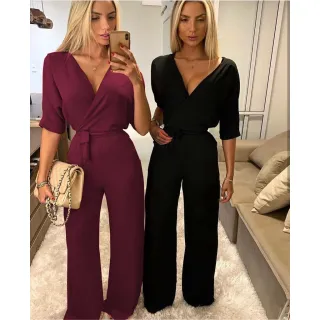 Macacão Longo Flare Feminino Social Decote Laço Manga 3/4 - Preto