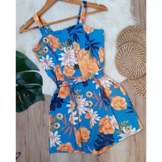 Conjunto feminino Deluxe: macaquinho 34 ao 50, conforto e elegância - Azul-piscina Botão de coco