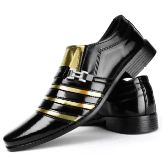 Confortável Envernizado Sapato Social Masculino Preto Branco Dourado