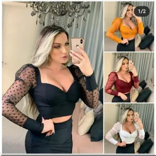 Blusa Manga Longa Cropped Canelado com Babado em Tule Feminina - Branco