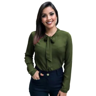 Blusa Social Feminina Manga Longa com Laço na Gola - Rosa