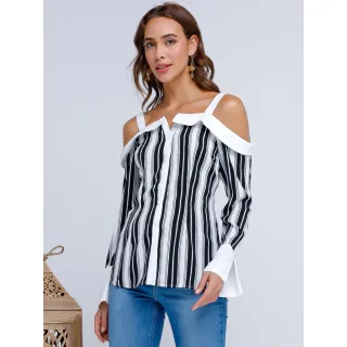 Blusa Listrada Manga Longa com Botões Frontais VV 12757 - Bordô/Branco