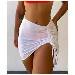 Saia curta transparente com grapiado franzida reguláveis - Saida de Praia - Amarração branca
