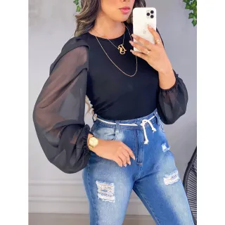 Princesa Blusa Manga Longa Transparente Feminina Bufante - Branco