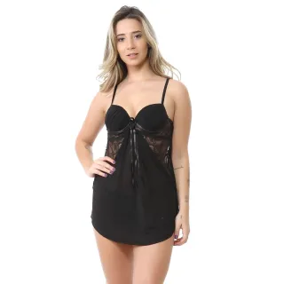 Pijama Feminino Sensual Renda Luxo Camisola Preta Tule Bojo - Desconto Online - Preto
