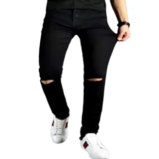 Calça Jeans Masculina Destroyed Slim Rasgo no Joelho Elastano - Azul Claro