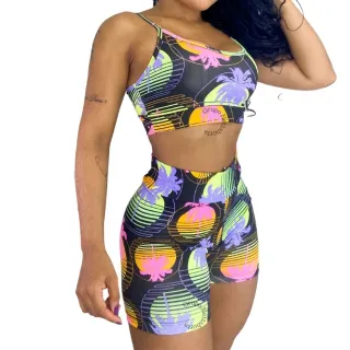 Top + Conjunto Short Treino Estampado Cintura Alta Academia - Estampado