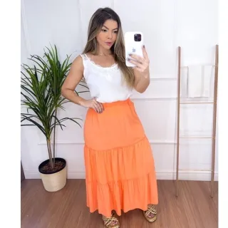 Saia longa de viscose feminina, liso cor verão - Preto