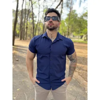 Manga Curta Camisa Social Lisa Masculina Slim Fit - Camisa Azul Marinho