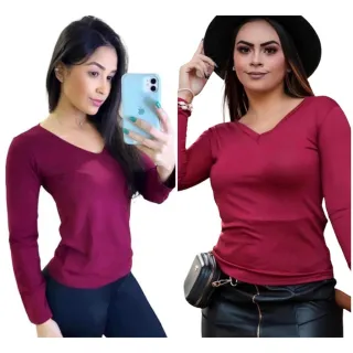 Blusa Gola V Segunda Pele Manga Longa Feminina - Cinza
