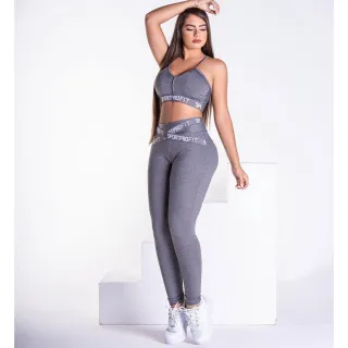 Conjunto Leggings Feminina Cintura Alta Suplex + Cropped Fitness - Cinza