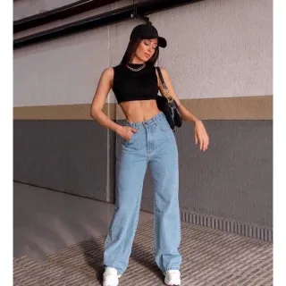 Calça Pantalona Jeans Feminina Wide Leg Cintura Alta 2022 - Azul claro  drestroyed